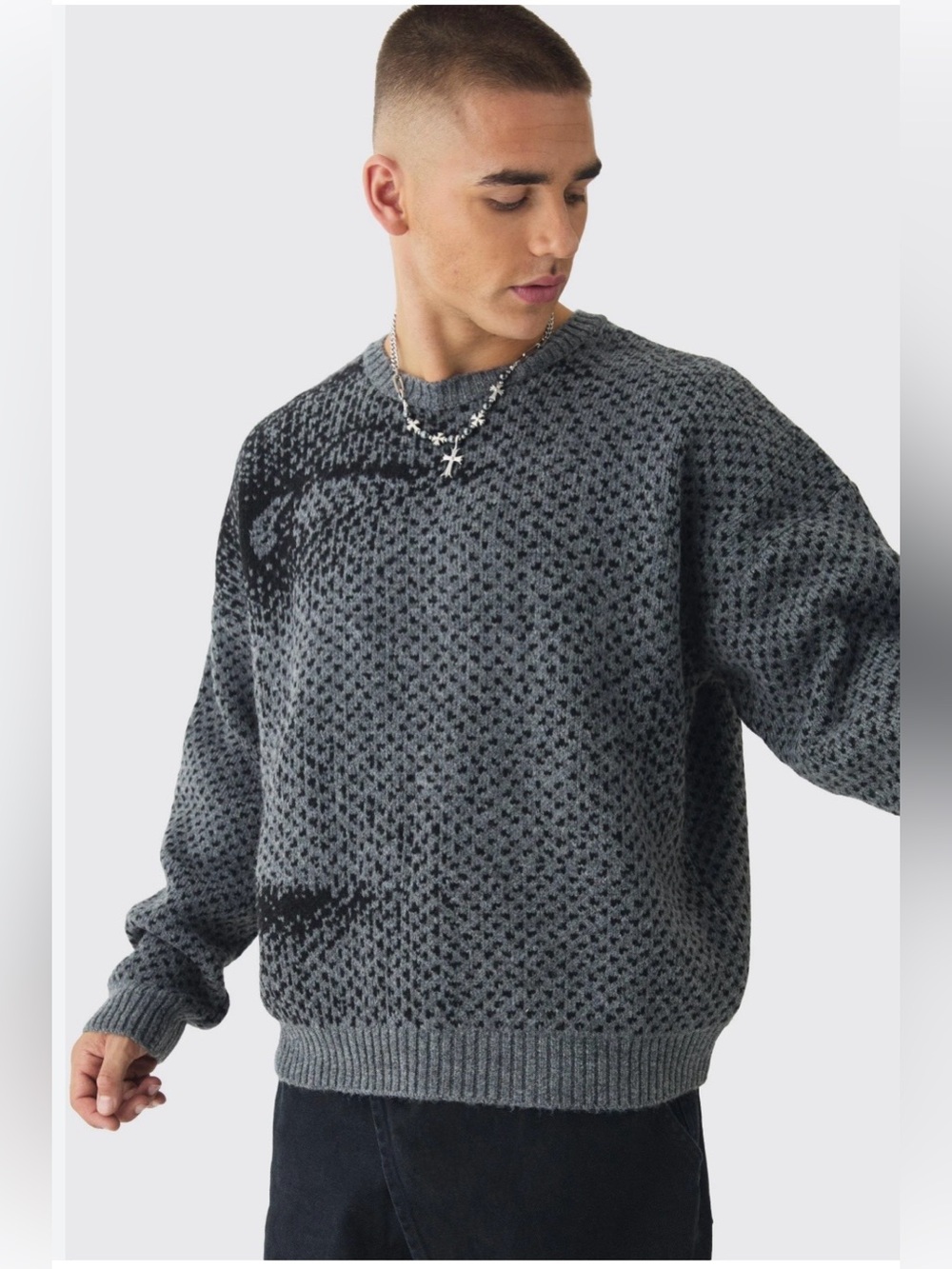 boohooMAN Oversized Knit Sweater Gray & Black - Size XL